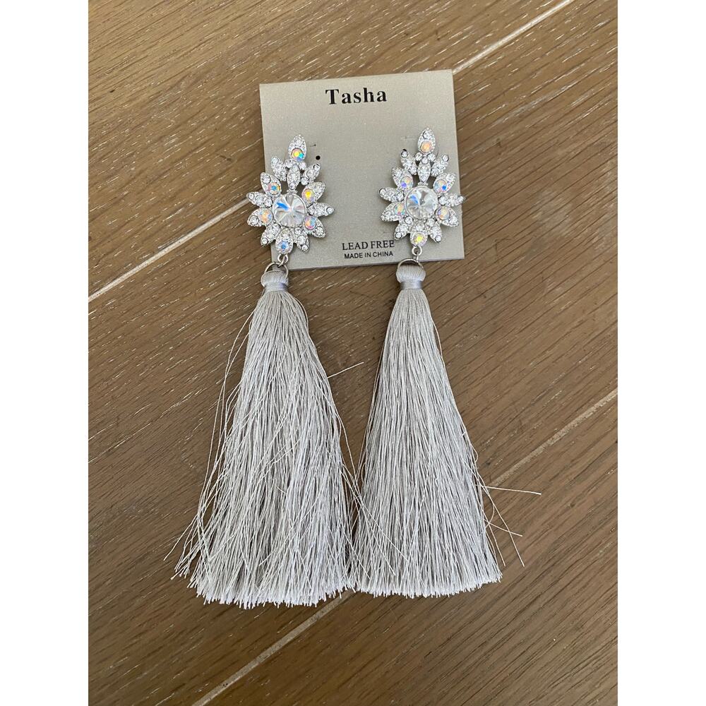 NEW Tasha crystal with gray tassel earrings